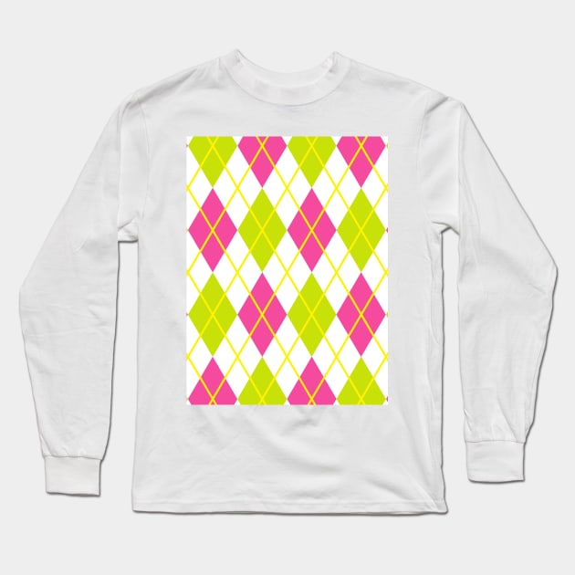 Argyle Pink Magenta Lime Green Gold Punk Rock Retro Long Sleeve T-Shirt by Shayna